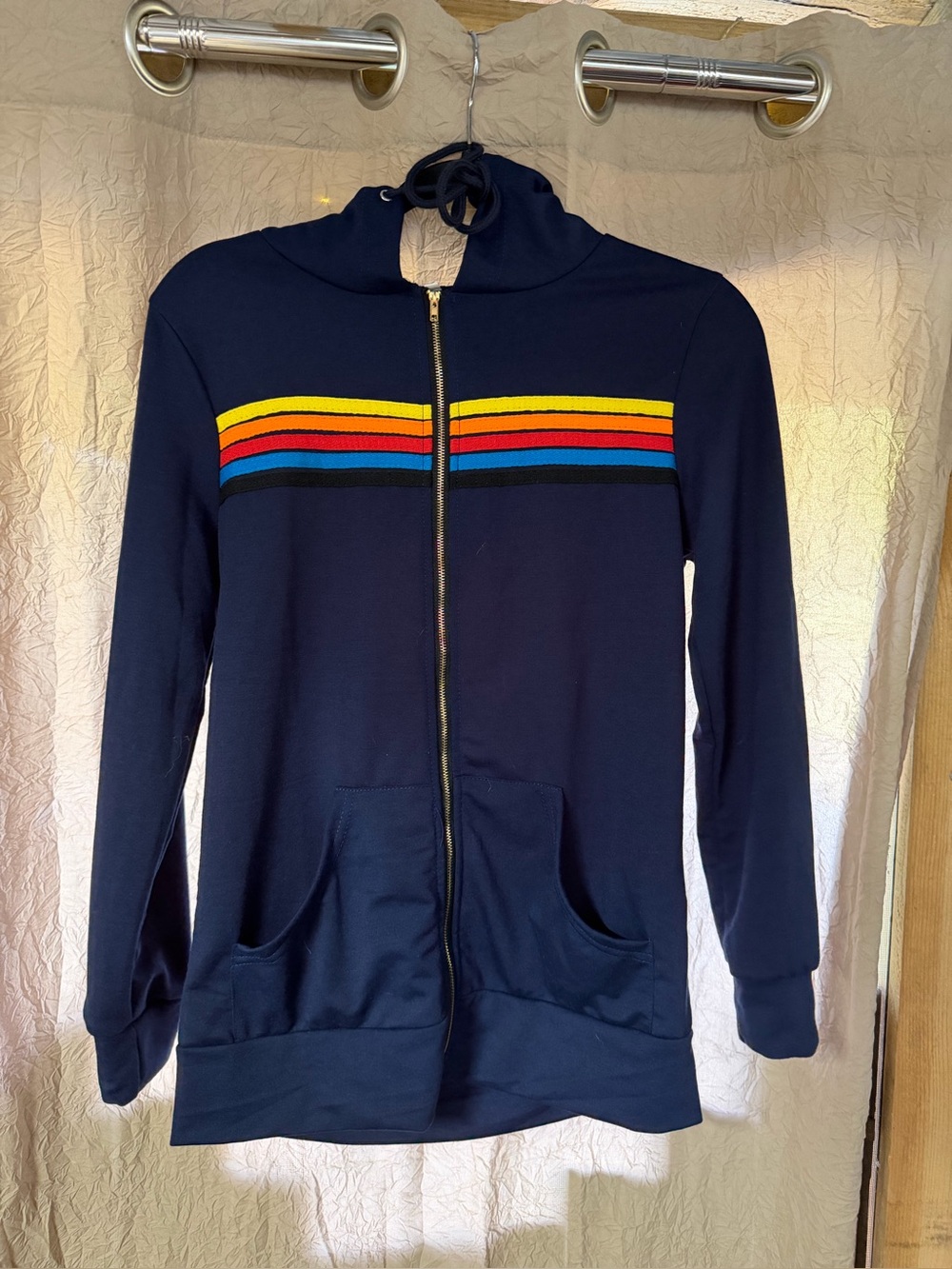 Vintage 70s Vibe Rainbow Stripe Zip-Up Hoodie – Navy Blue